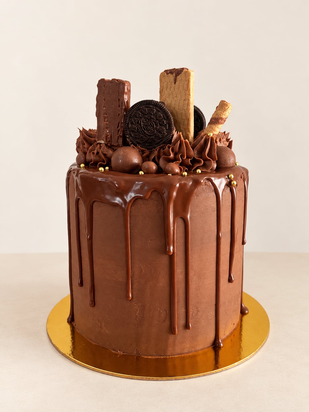 Torta marrón con goteo, galletas y barras decorativas en la parte superior.
